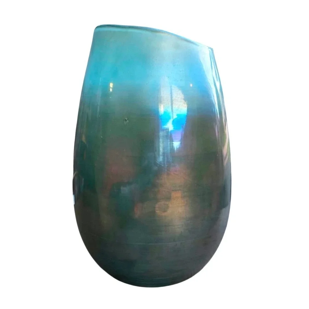 West Elm Iridescent Luster Curve Glass Vase Teal Blue Metallic Decorative Vessel